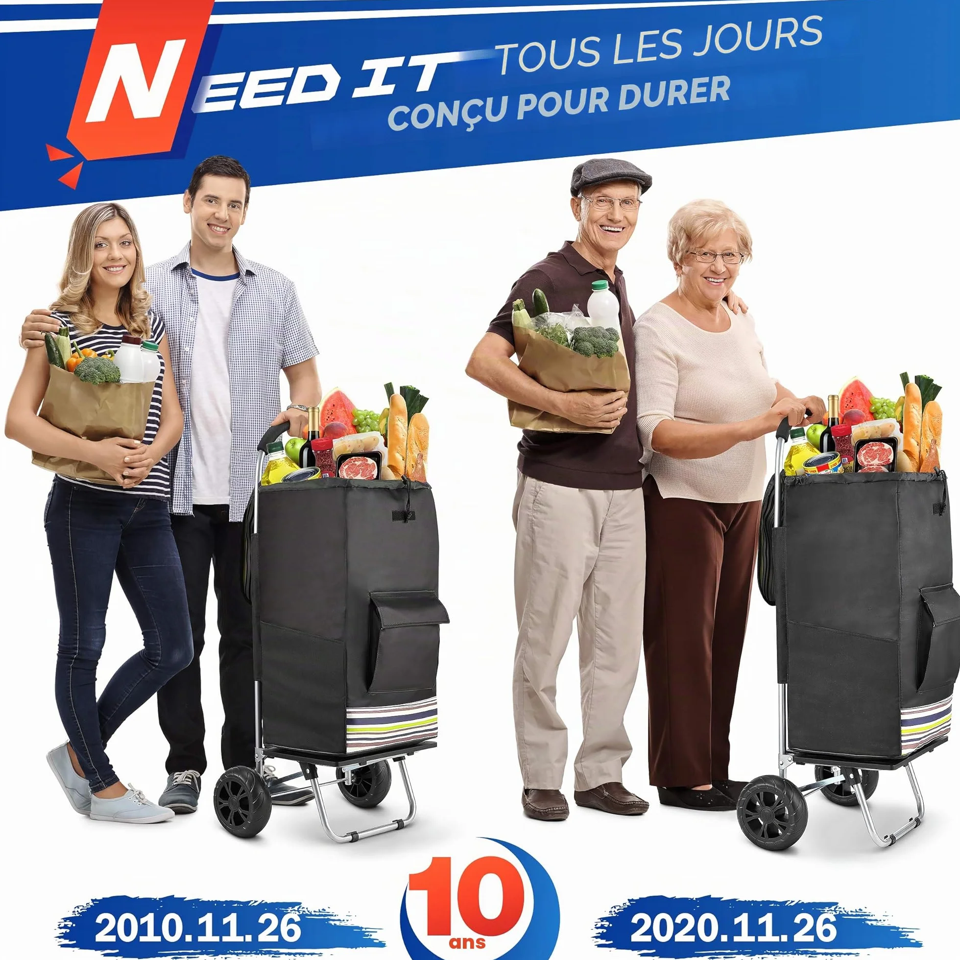 Chariot de Courses 75L Pliable 2 en 1 Diable Caddie à 2 Roues Shopping Trolley Noir