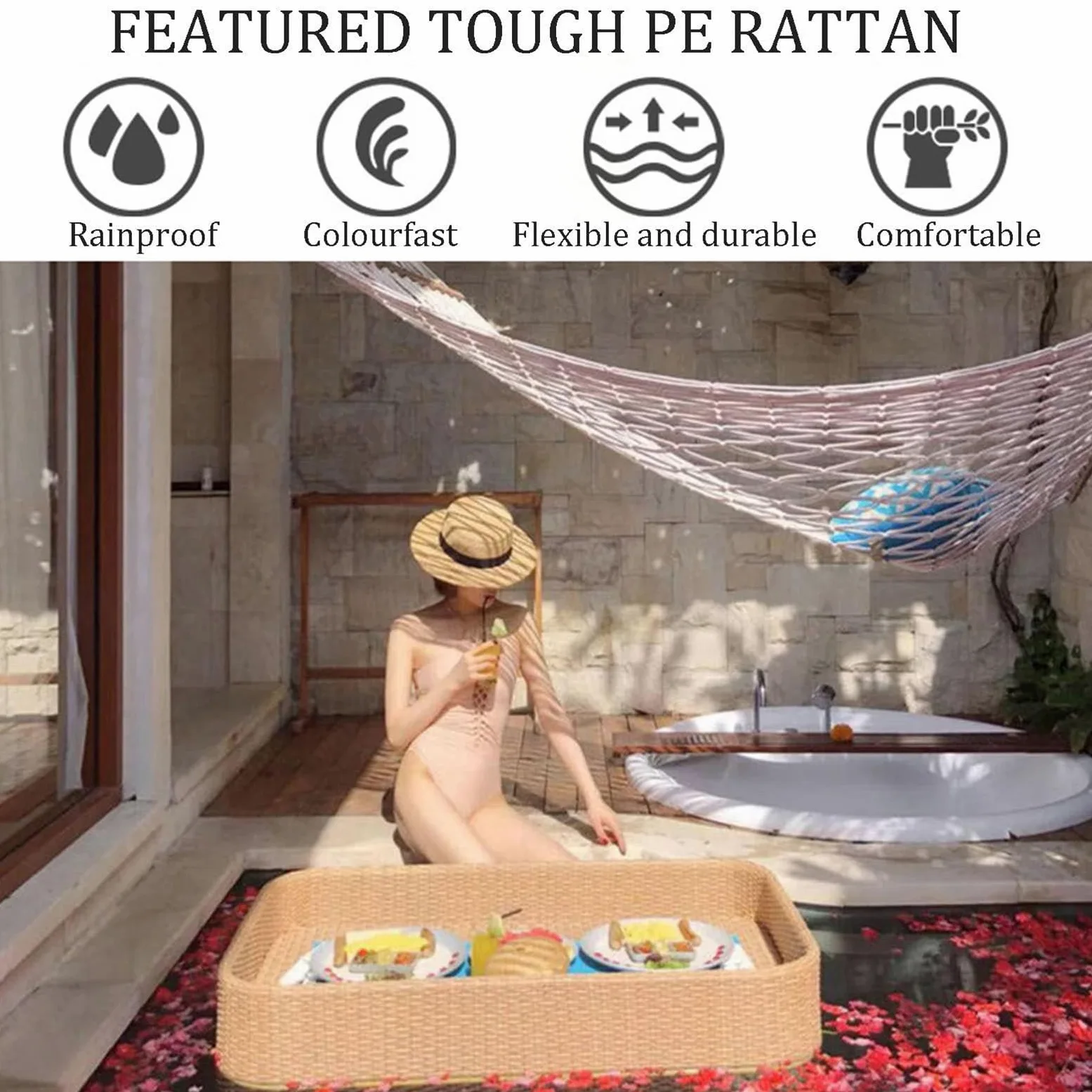 Plateau de Service Rond tissé en rotin, Plateau de Petit-déjeuner Flottant en rotin avec poignées, flotteurs de Piscine, Plateau Flottant pour Servir des Boissons à la Piscine, Brunch, Blanc