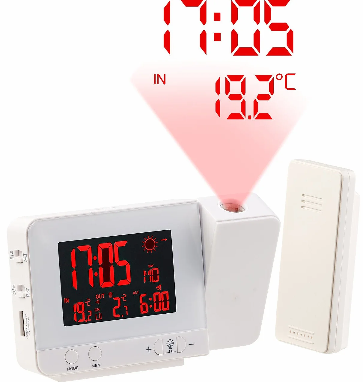 Infactory Réveil à Projection Station Météo Sans Fil 2 en 1 Blanc