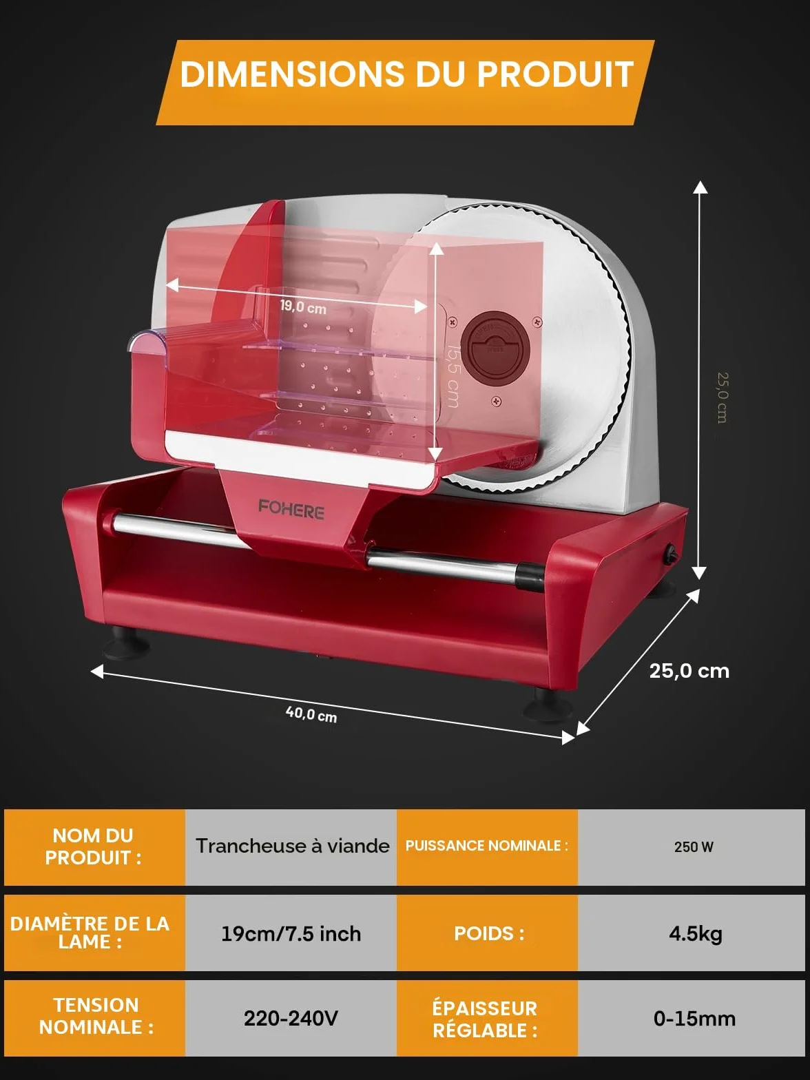 Trancheuse Électrique 250W Acier Inoxydable 19cm Lames Amovibles Épaisseur Réglable 0-15mm