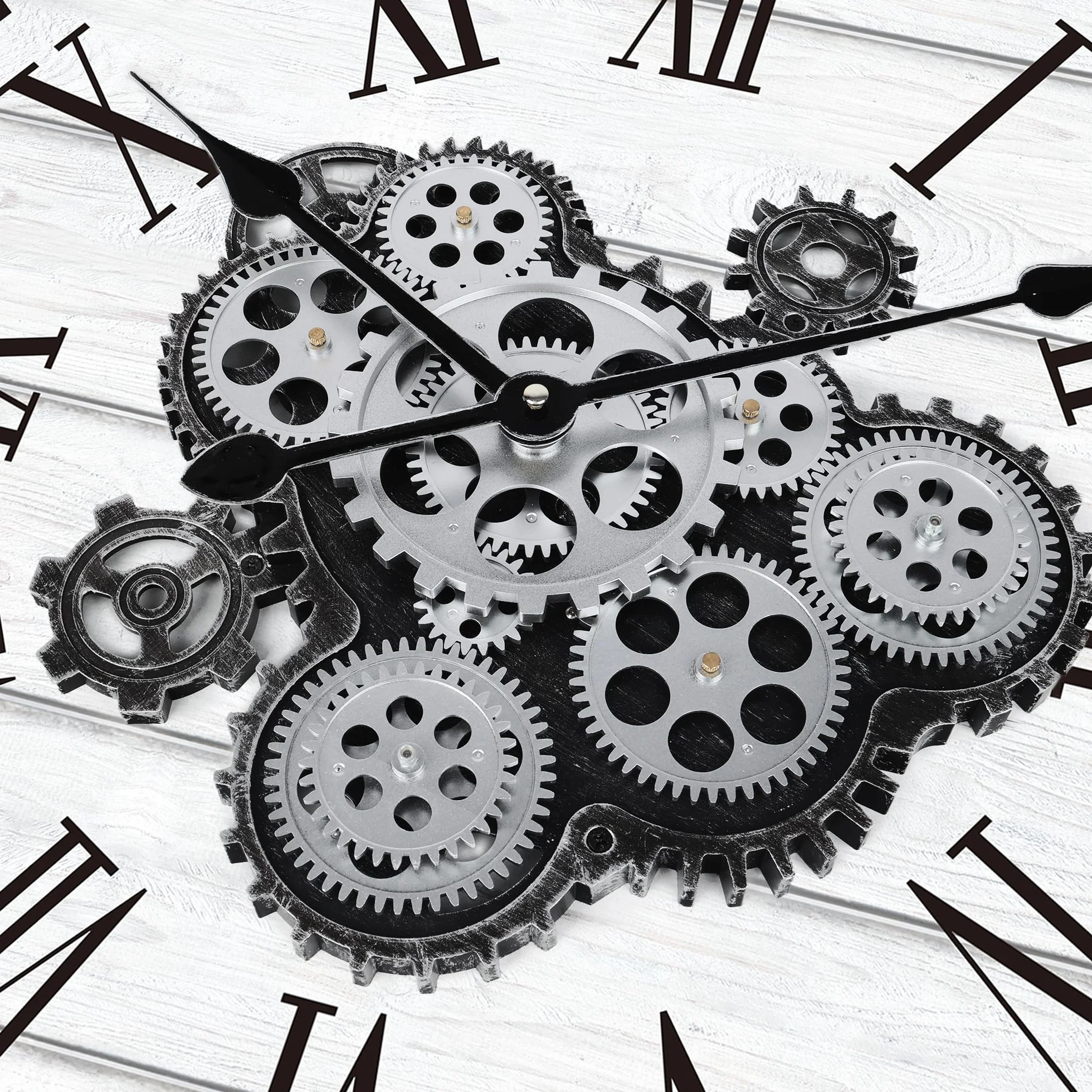 Horloge Murale Engrenages Mobiles Geante 57cm Industrielle Bois Vintage Blanc Pendule Murale Steampunk Chiffres Romains