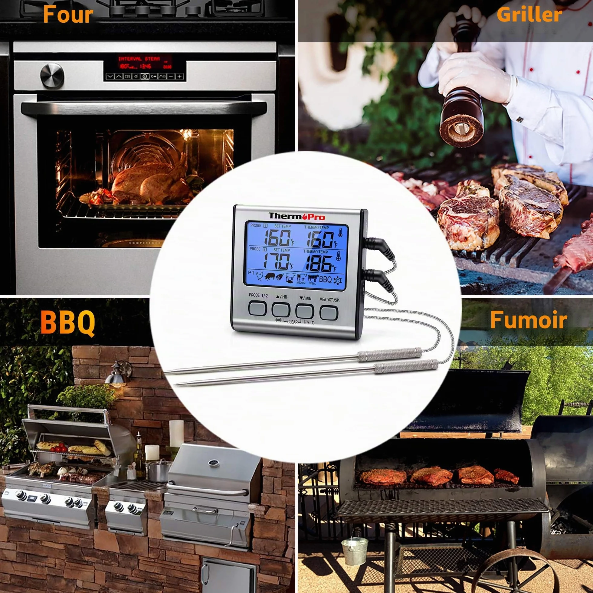 ThermoPro TP17 Thermomètre pour Viande Numérique Double Sonde Grand Écran LCD Rétroéclairé Cuisson Barbecue