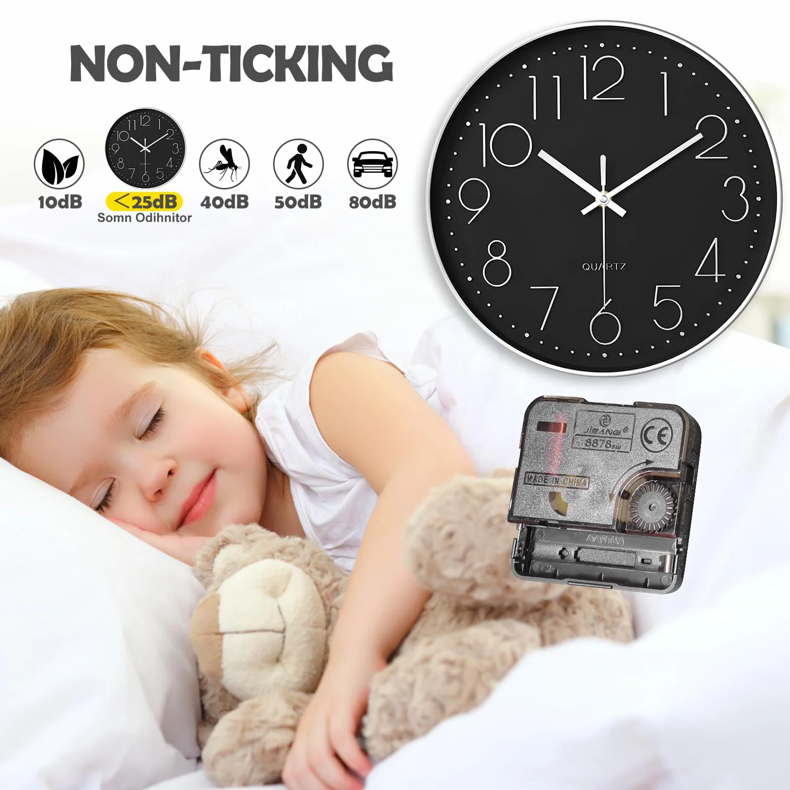Horloge Murale Silencieuse 20 cm Ronde Décorative à Quartz pour Maison Cuisine Bureau