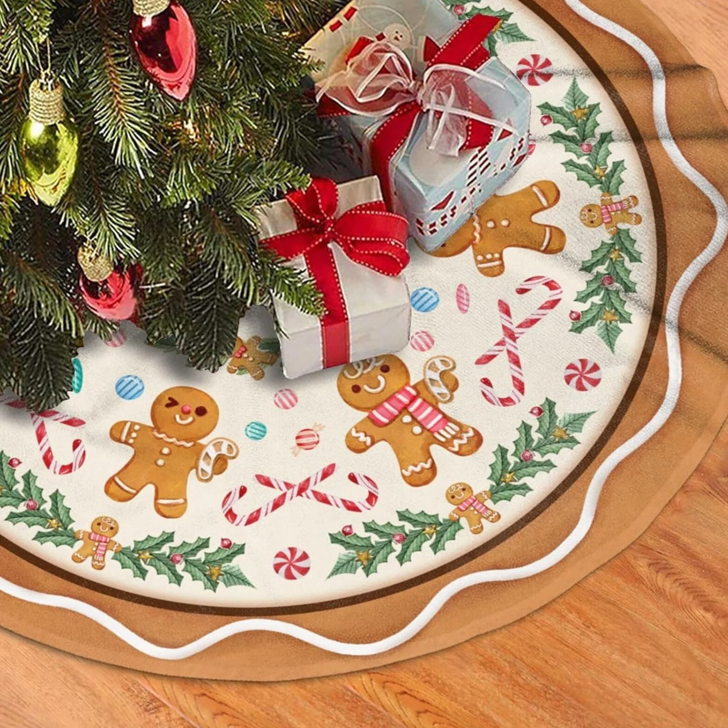 Jupe de Sapin de Noël 120 cm Bonhomme en Pain d'épice Corde Rouge