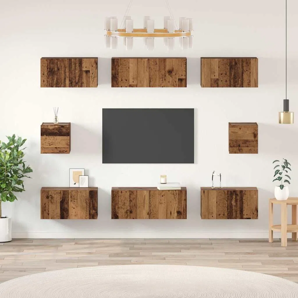 Ensemble meuble TV 8 pièces bois ancien en bois d'ingénierie avec étagères murales, portes, tiroirs, rangement multifonction pour salon séjour chambre, support console audio vidéo suspendu