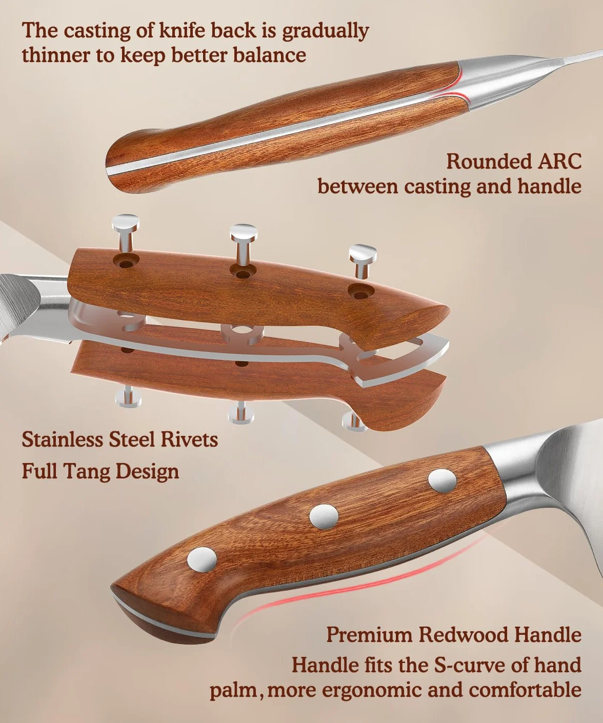 HEZHEN Couteau à Hacher Chinois, Couperet à Viande, Manche en Redwood