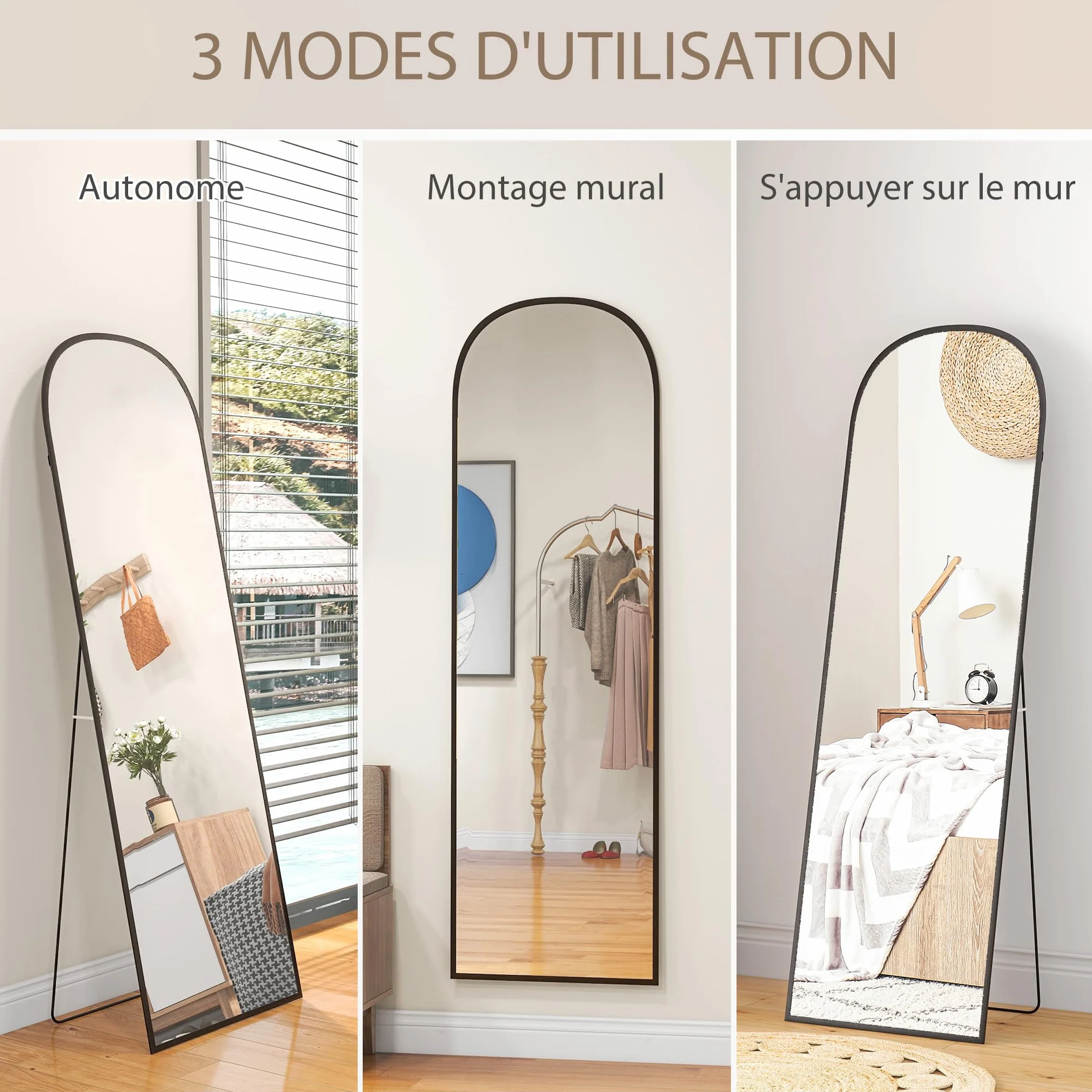 HOMCOM Miroir sur Pied Mural Rectangulaire Cadre Aluminium 50 x 161,5 cm Noir