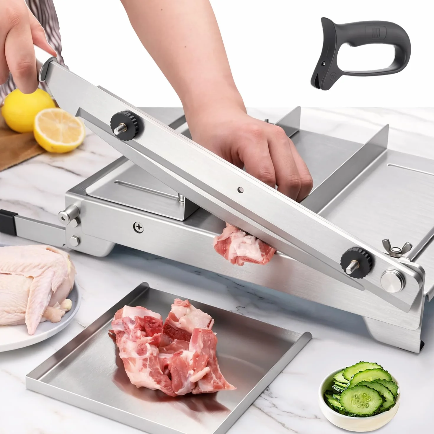 Moongiantgo Trancheuse Manuelle Machine de Découpe de Viande Congelée Acier Inoxydable, Doubles Lames, Épaisseur Réglable 0-15mm
