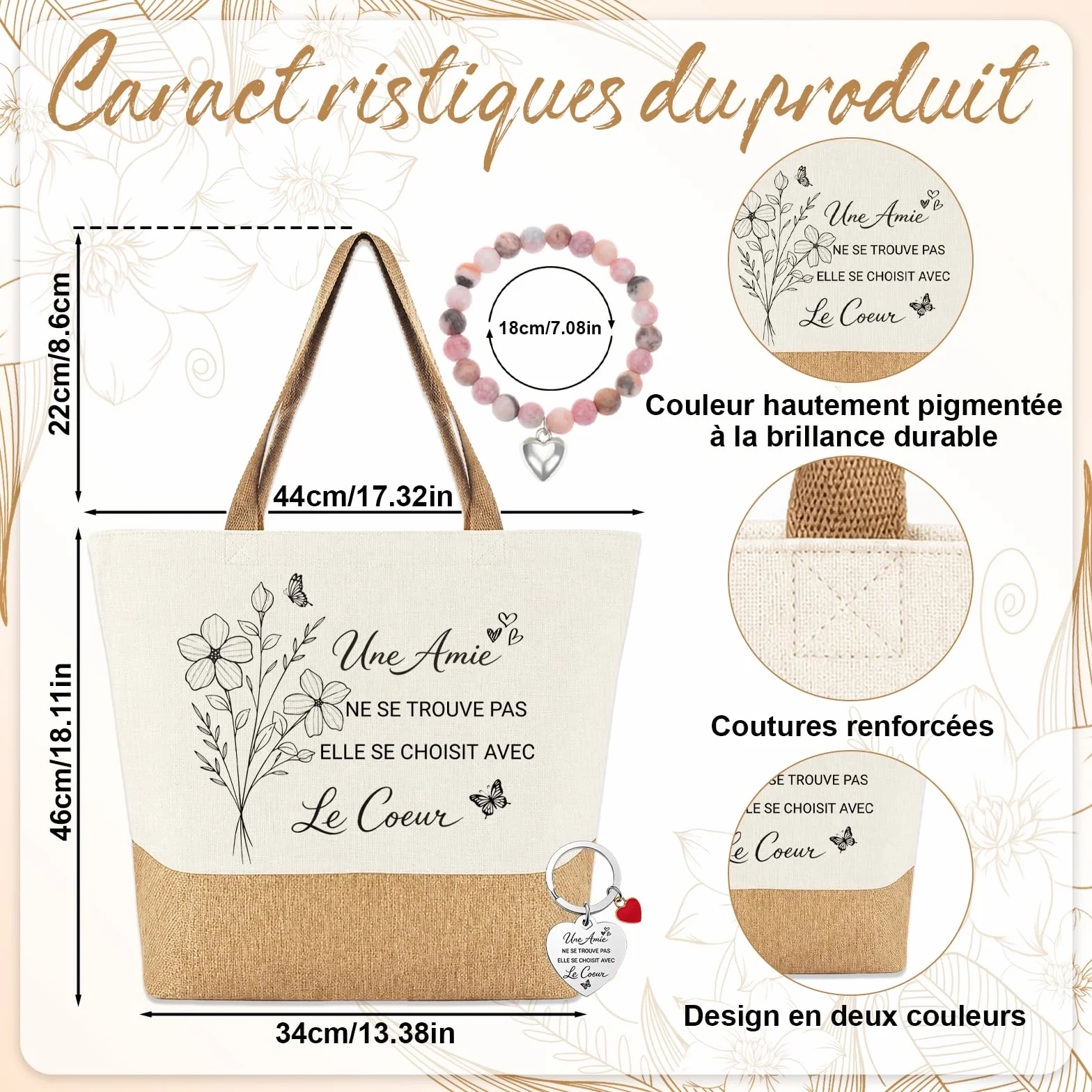 Cadeau Meilleure Amie Tote Bag Sac en Toile Jute Cabas avec Porte-Clés et Bracelet