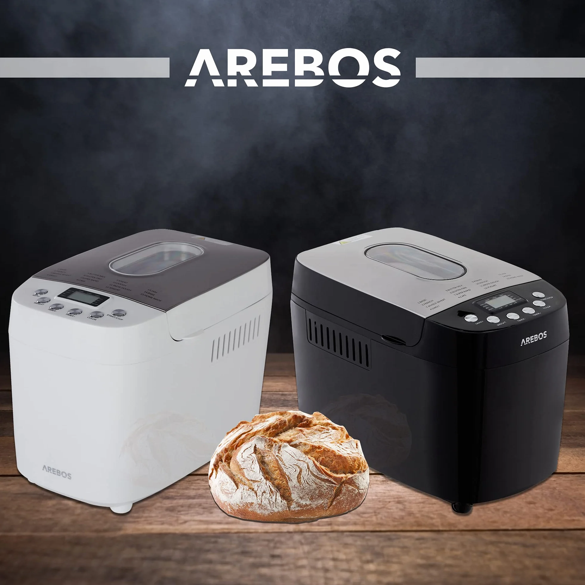 Arebos Machine à pain 1500 g 850 W Noir 15 programmes 2 crochets de pétrissage