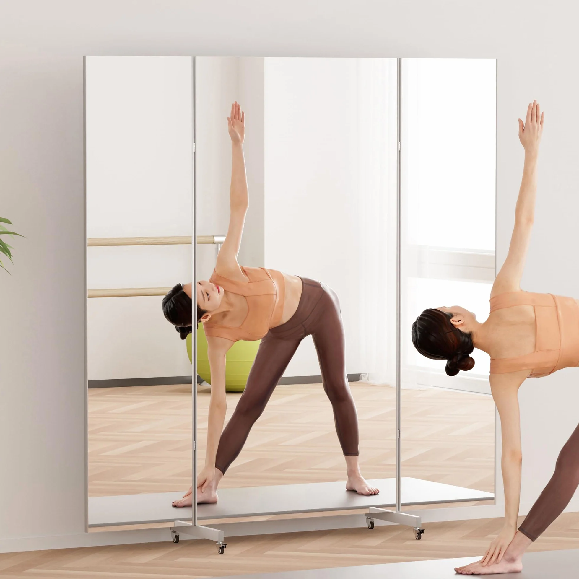 brisafe Grand Miroir Pleine Longueur 180 x 180 cm sur Pied 3 Côtés Pliable avec Roulettes Rotatif 360° Nano Incassable Blanc