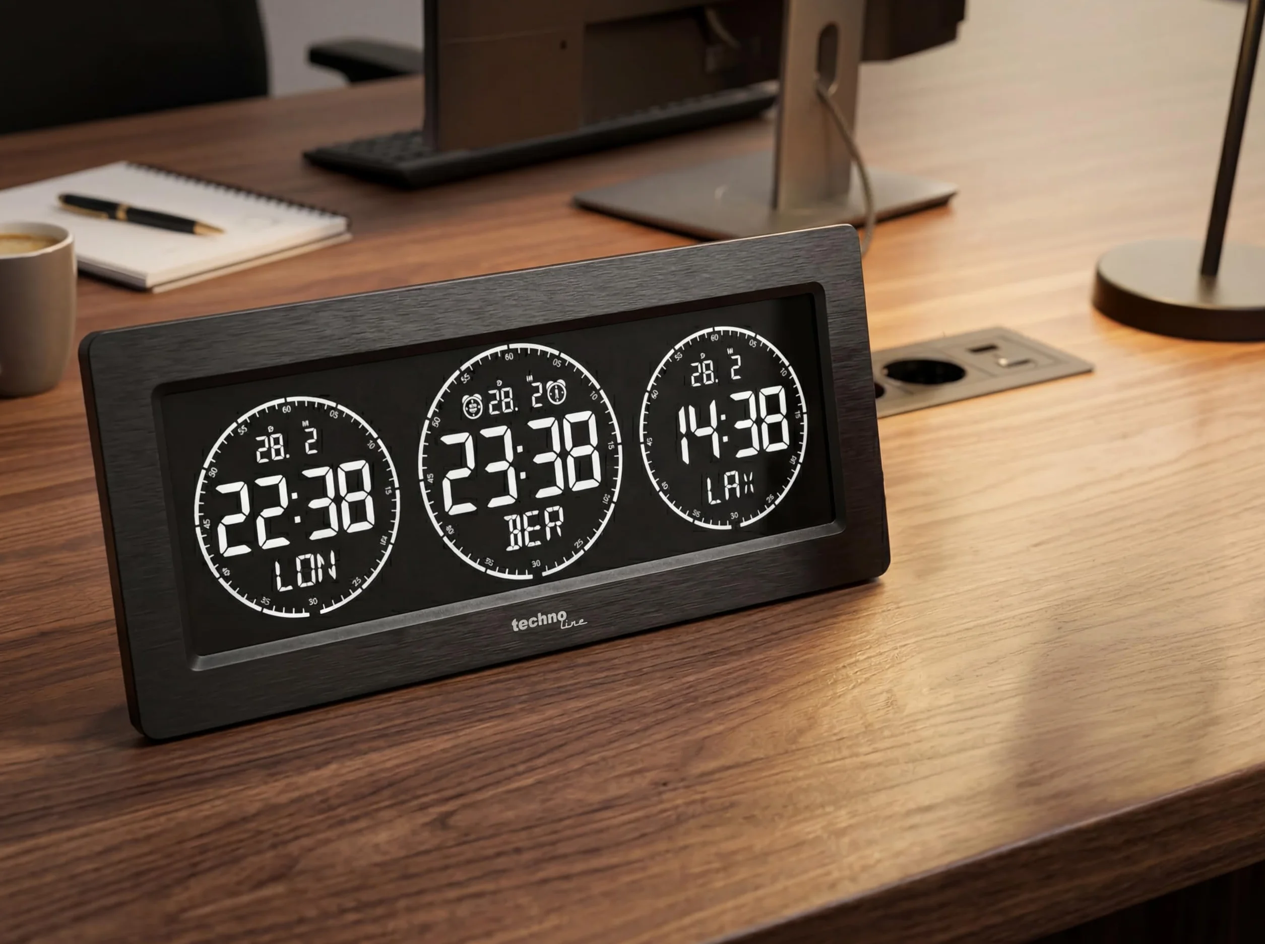 Technoline Horloge numérique Mondiale LED Noir, 3 affichages de l'heure, programmable