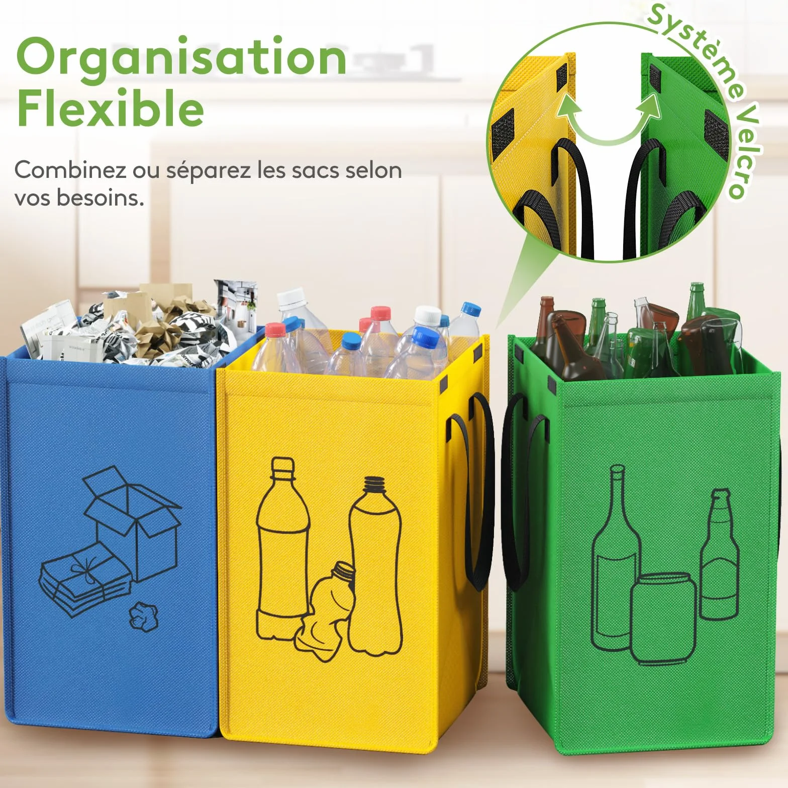 Lifewit Lot de 3 Sacs Tri Sélectif, Poubelles Recyclage 3 Couleurs, 45 L