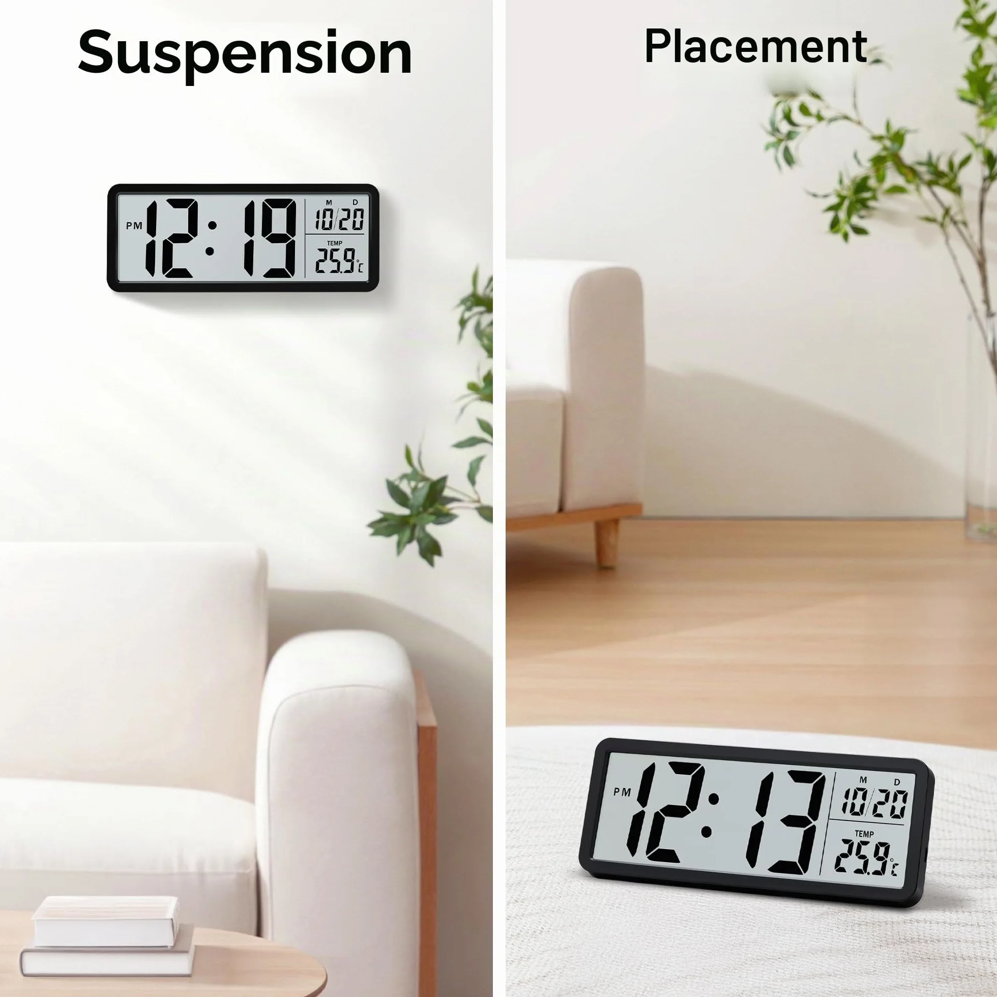 Lafocuse Horloge Murale Numérique 8.5" LCD Grande Chiffre avec Température Date 12/24H Noir
