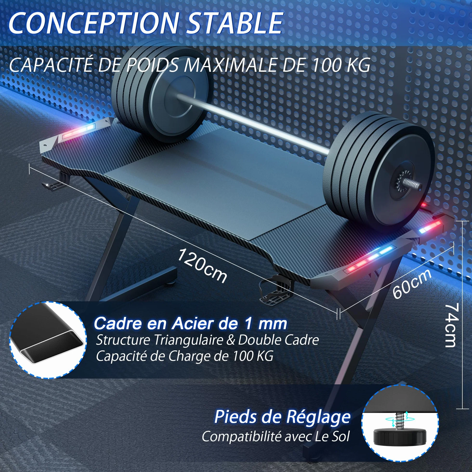 Bureau Gaming LED 120 x 60 cm, Bureau Informatique Ergonomique avec Porte-gobelet et Crochet pour Casque, Plateau en Fibre de Carbone, Table Gaming Noire
