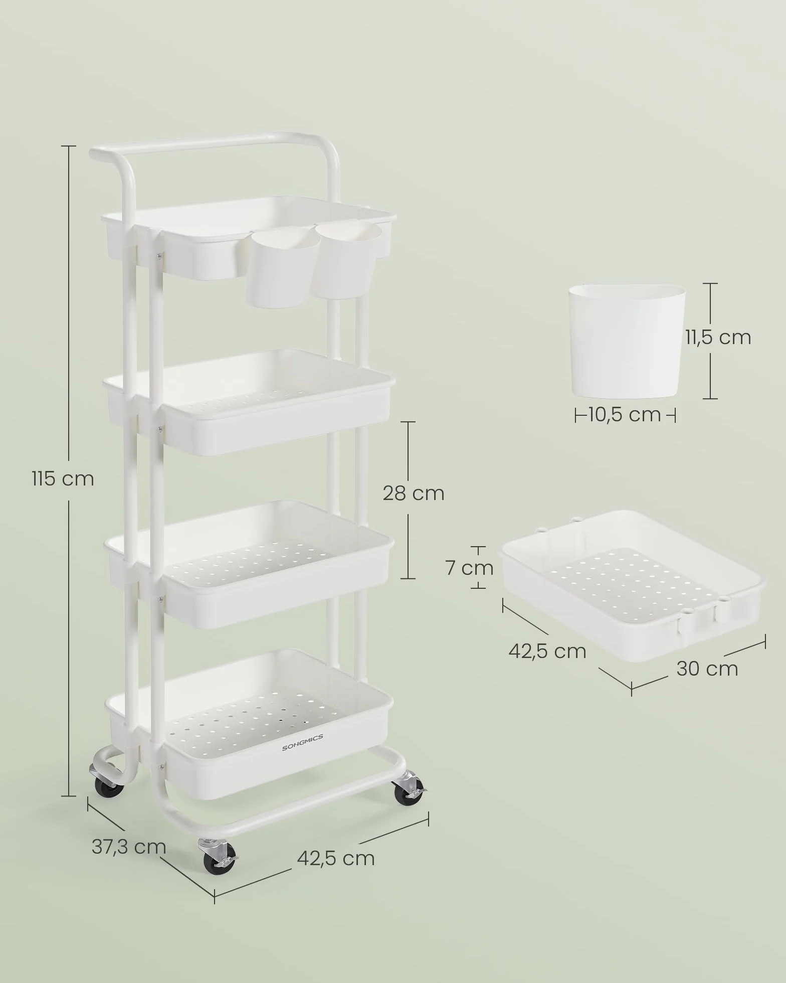 SONGMICS Chariot de Rangement 4 Niveaux sur Roulettes avec Poignée et Freins Blanc