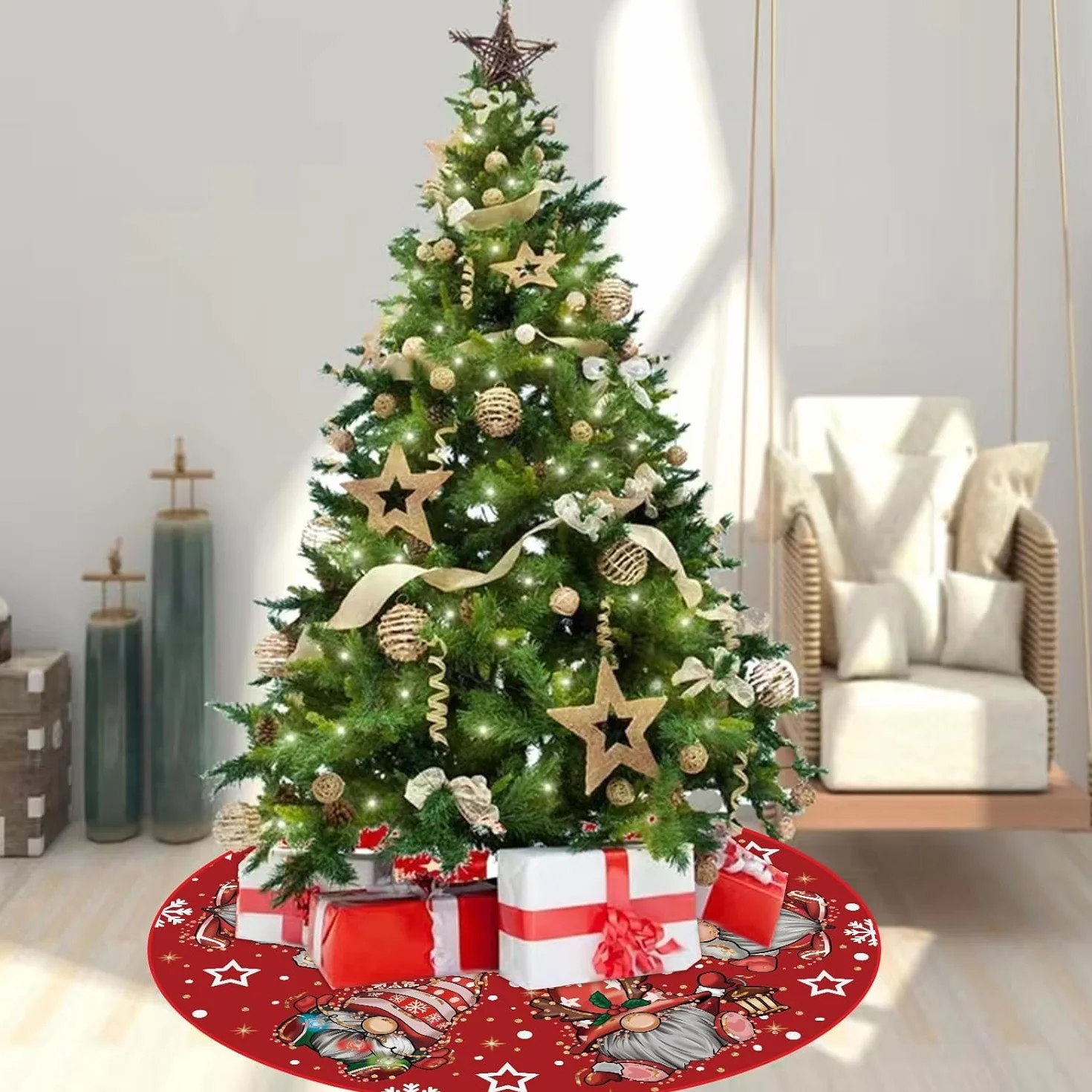Jupe Sapin De Noël 120cm Couvre Pied Rond Rouge Motif GNOME Tapis Décorations Fête