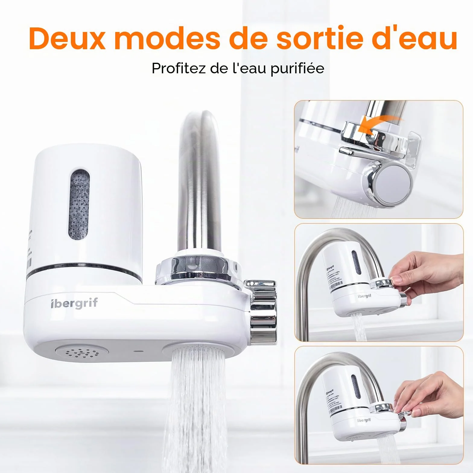 Ibergrif Système de Filtration sur Robinet, Filtre à Eau Cuisine avec Charbon Actif, Réduit Chlore PFAS Sédiments, Installation Sans Outils, Blanc
