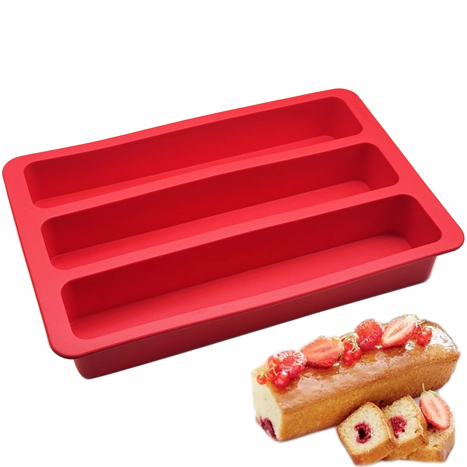 Moule Silicone Gâteau Rectangulaire 29x19cm Long Cake Apero Mini Cake 3 Cavités Rouge