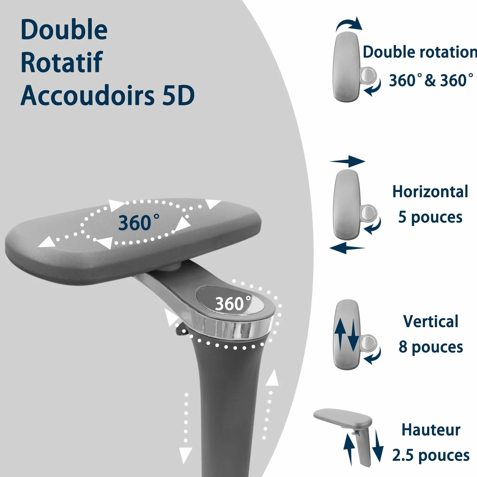 Chaise de Bureau Ergonomique Grand et Haut avec Repose-Pieds, Accoudoirs Réglables 5D, Support Lombaire, Dossier Maille Inclinable, Gris