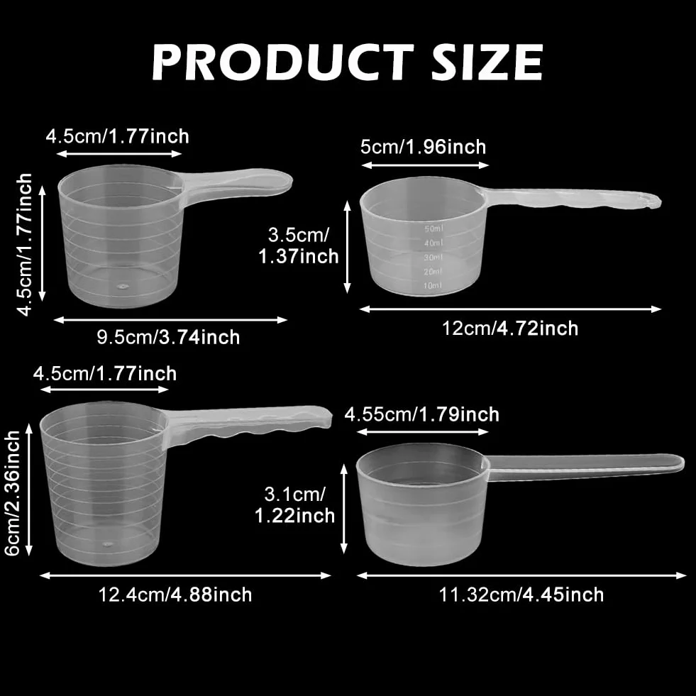 Lot de 4 cuillères doseuses transparentes graduées 40-100 ml pour lessive, protéines, poudre
