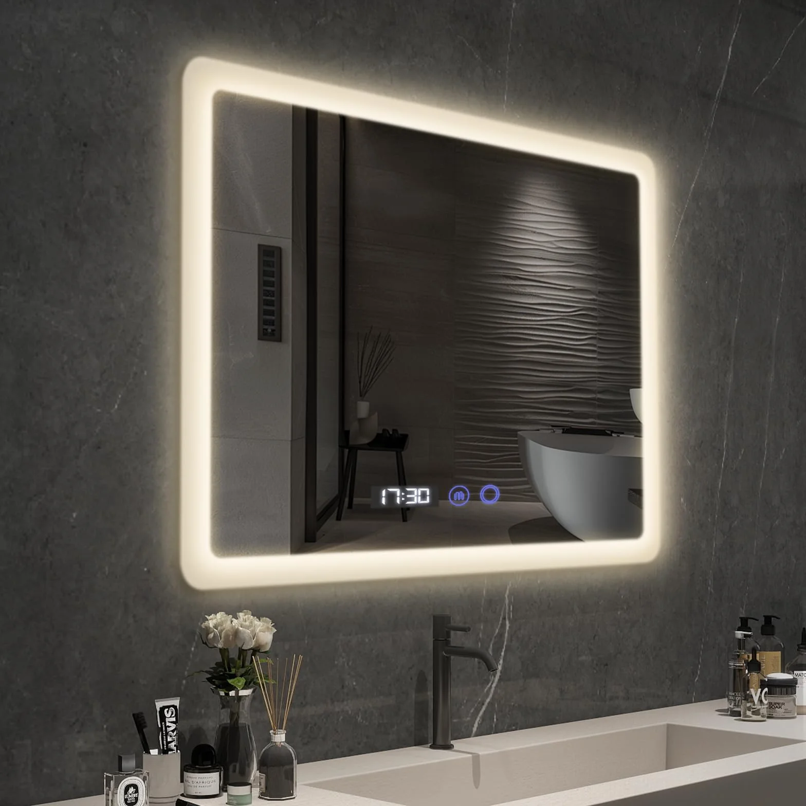 YOURLITE Miroir Salle de Bain LED 80x60 cm Dimmable 3 Couleurs Antibuée Affichage Horloge Température IP44 Blanc