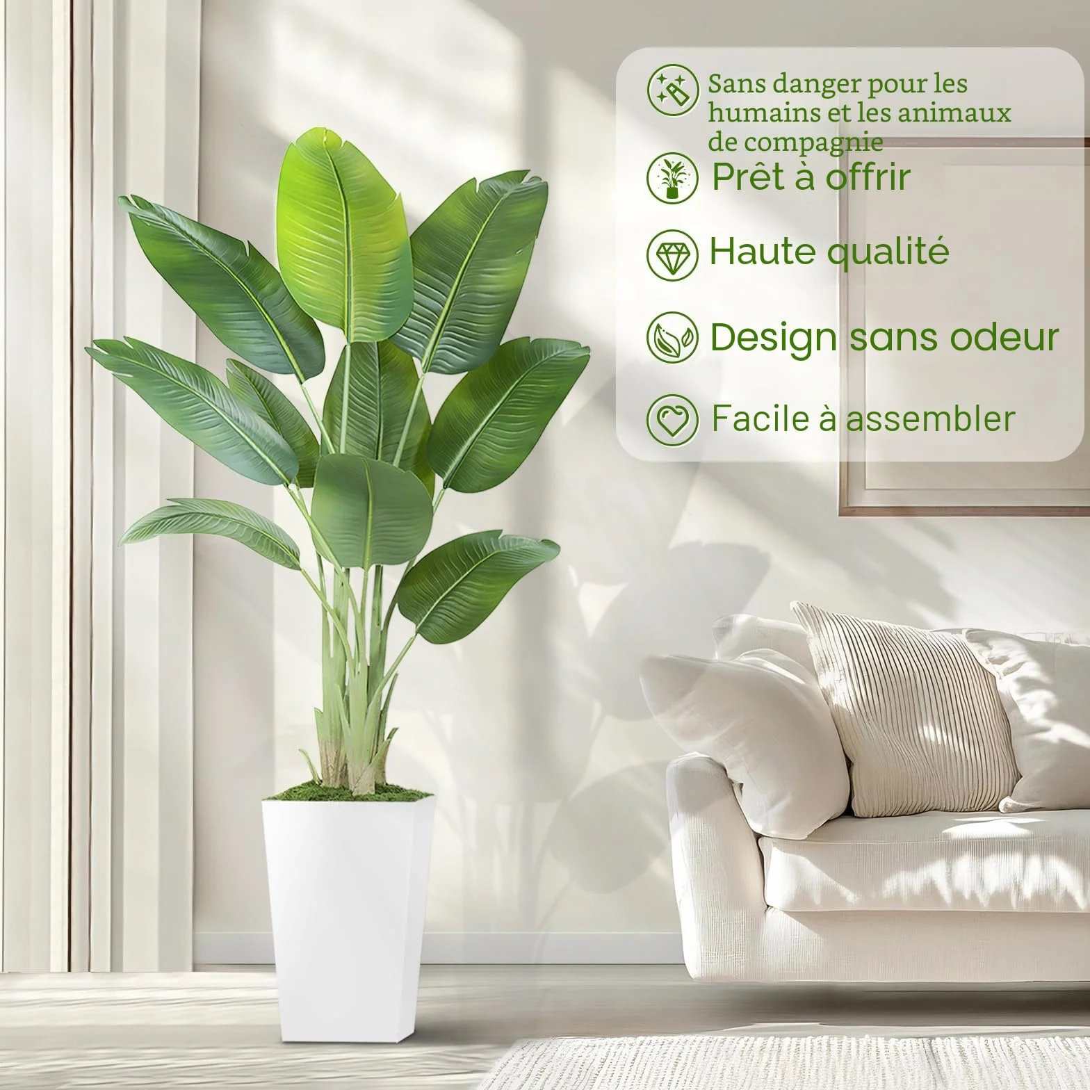 Plante Artificielle Oiseau de Paradis 180cm Pot Blanc Palmier Tropical Feuilles de Bananier Décoration Intérieur Bureau Salon