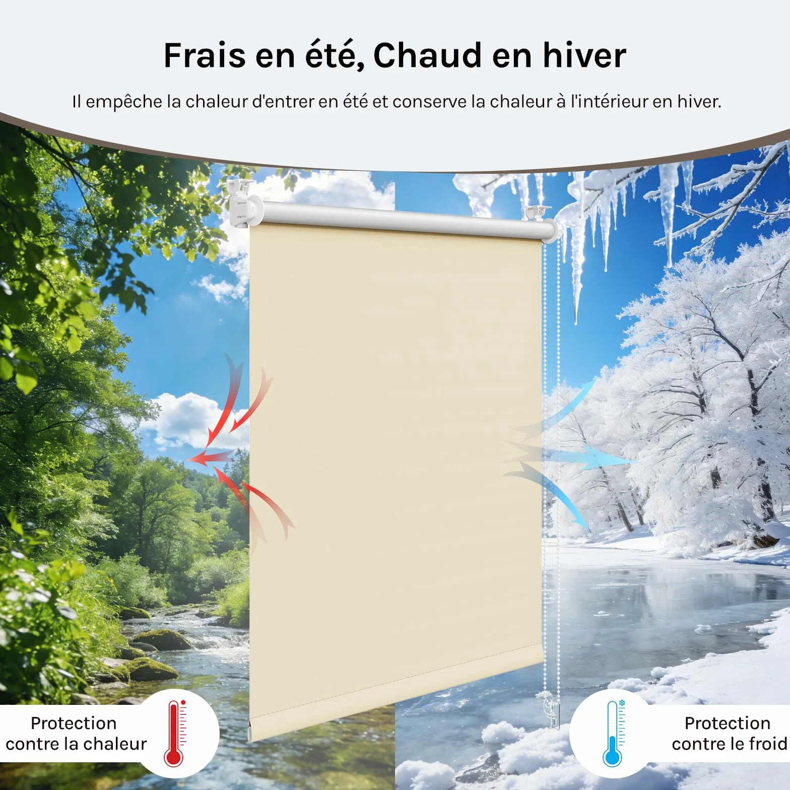 WOLTU Occultant Enrouleur sans Perçage, Rideau Opaque Revêtement Argent, Protection Soleil 70x210 cm Beige