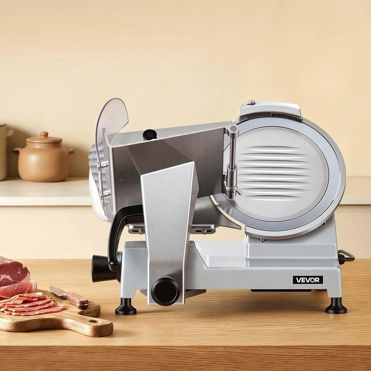 VEVOR Trancheuse Électrique 240 W, Lame Acier Carbone 250 mm, Épaisseur Coupe Réglable 0-12 mm, Trancheuse à Jambon