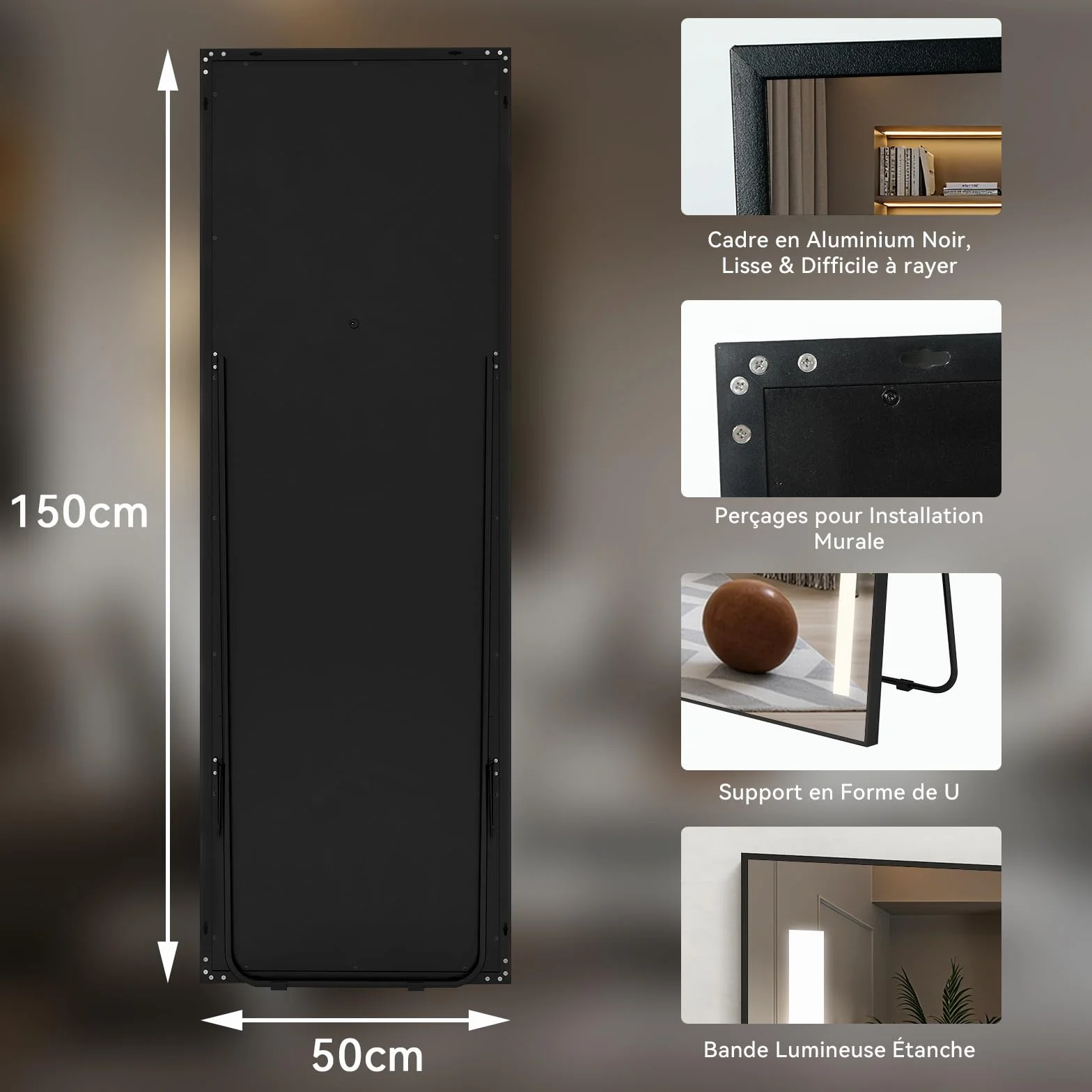 Grand Miroir sur Pied LED 150x50cm, Miroir Plein Pied Mural, 3 Couleurs Dimmable, Cadre Aluminium, Rectangulaire Noir