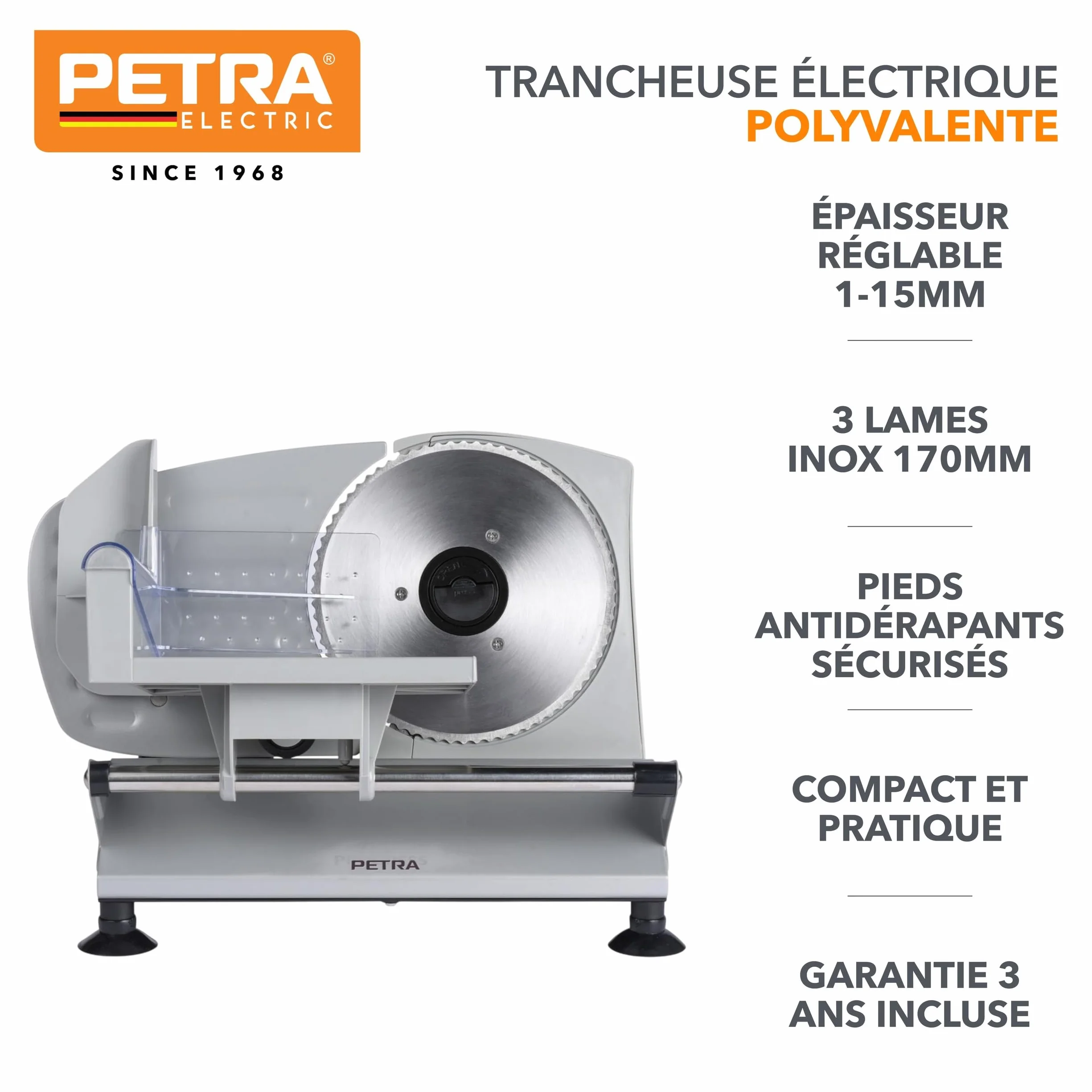 Petra Trancheuse électrique à viande fromage pain, épaisseur réglable 1-15 mm, 3 lames acier inoxydable 170 mm