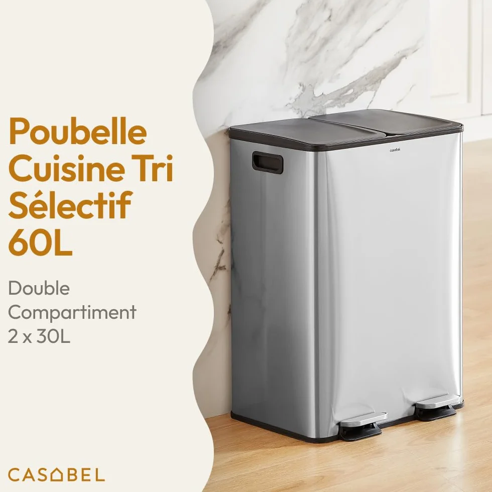 CASABEL Poubelle Cuisine Tri Sélectif 60L Acier INOX Brossé Double Compartiments