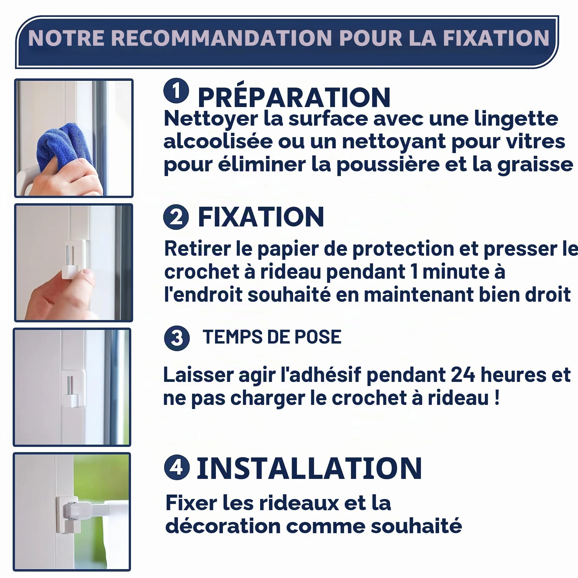 Crochets adhésifs Neufeld Lot de 24 Blancs 3 m sans perçage pour Rideaux