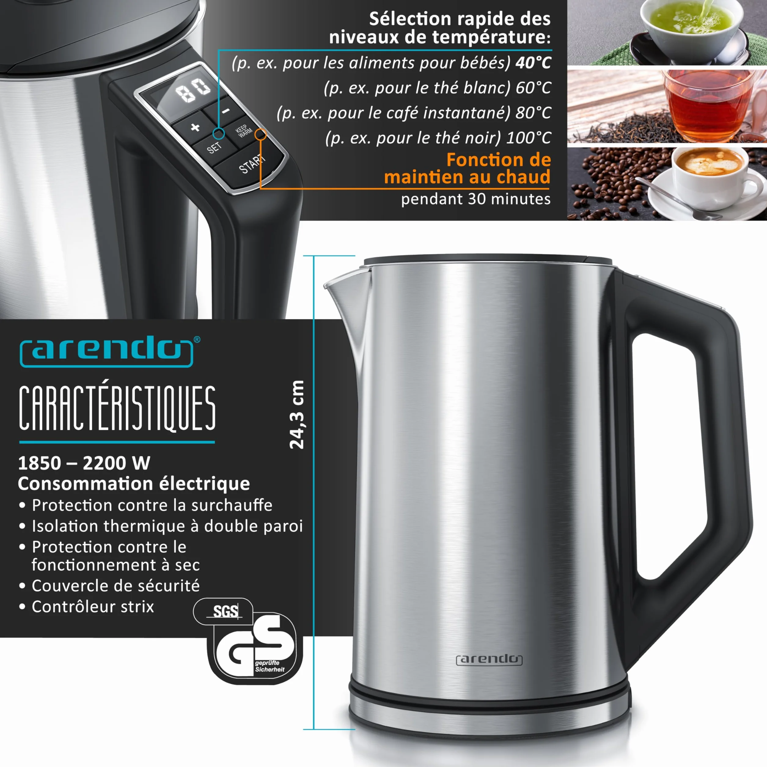 Arendo Ensemble Bouilloire Grille-pain Cuiseur à œufs Inox 1,5L 2 Tranches LED 6 Niveaux Gris