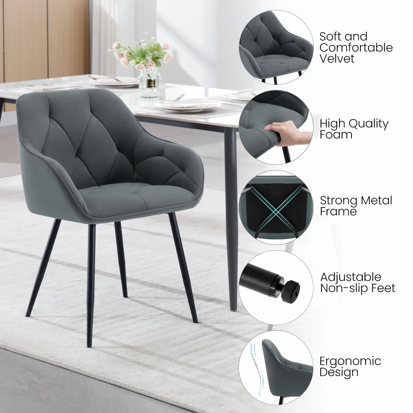 WOLTU Lot de 6 Chaises de Salle à Manger Rembourrées avec Accoudoirs, Pieds en Métal, Velours Gris Foncé