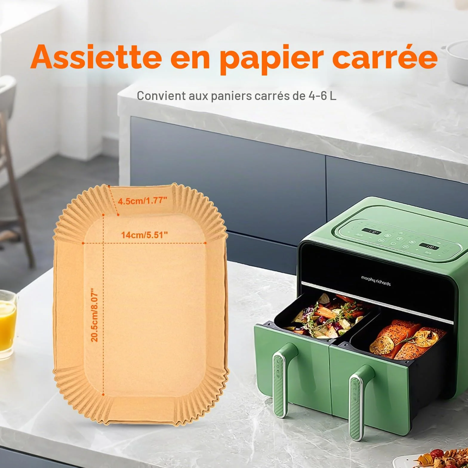 GRIFEMA Papier Air Fryer Rectangulaire 20,5 x 14 cm 100 Pièces Compatible Ninja Dual Zone AF300UK AF400UK Antiadhésif Jetable Sans BPA