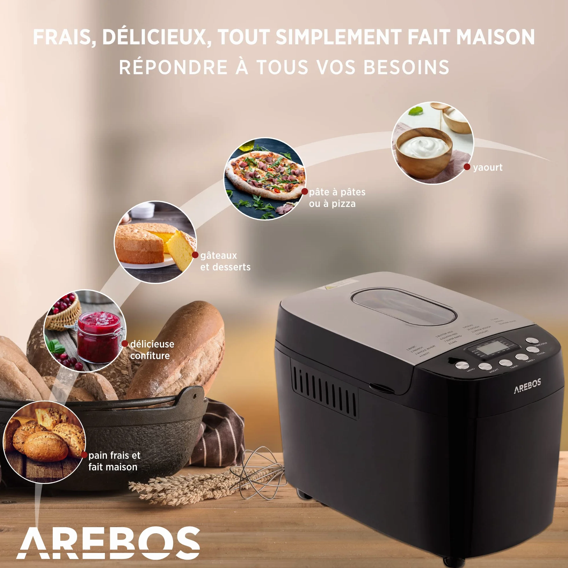Arebos Machine à pain 1500 g 850 W Noir 15 programmes 2 crochets de pétrissage