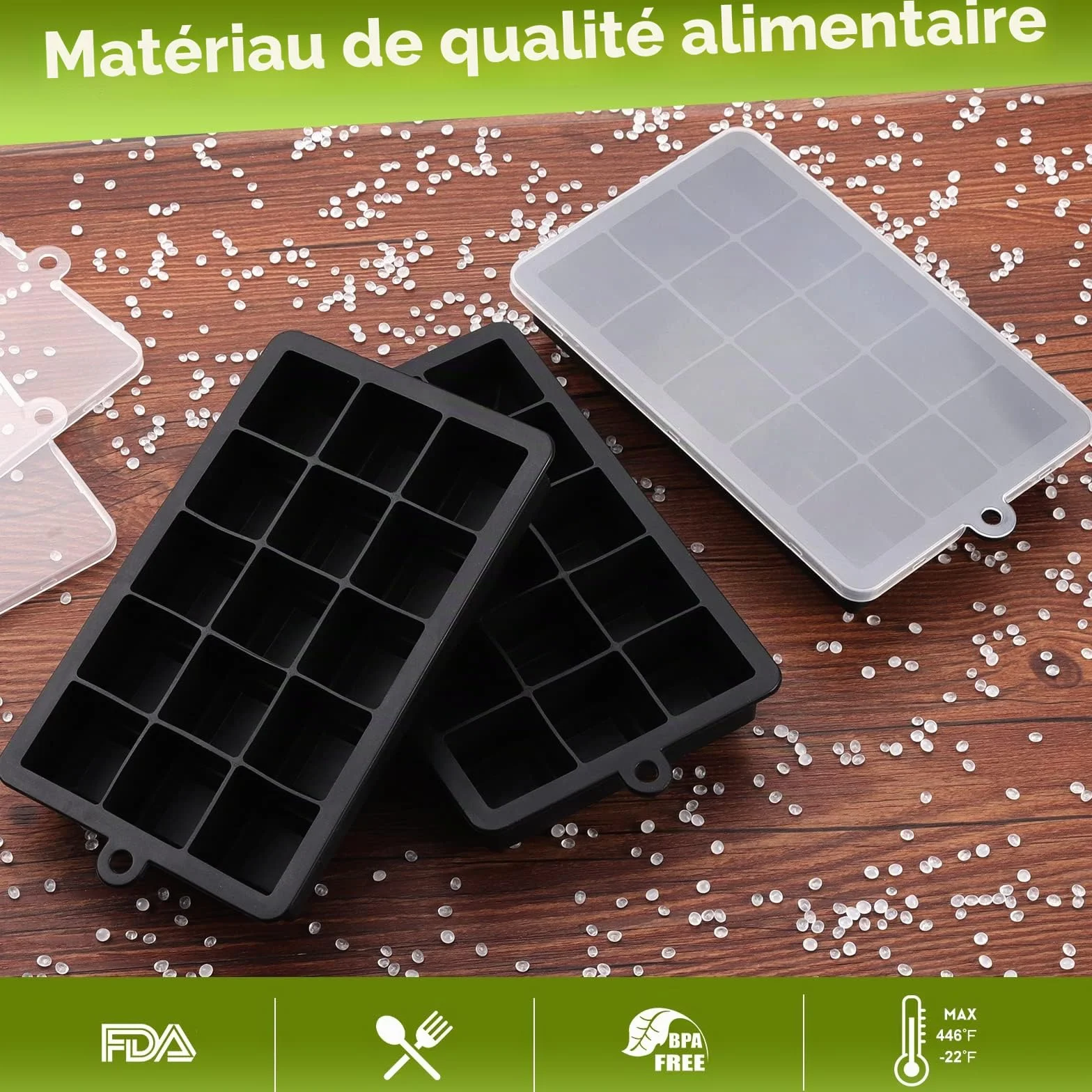 Bac à Glaçons 15 Compartiments Lot de 3 en Silicone avec Couvercle Grand Moule Empilable sans BPA