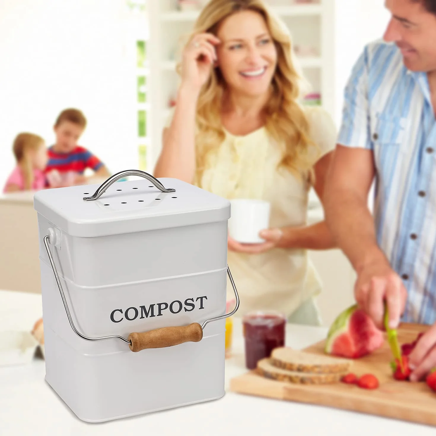 Poubelle à Compost en Acier au Carbone 6 L avec Couvercle et Filtre à Charbon Blanc