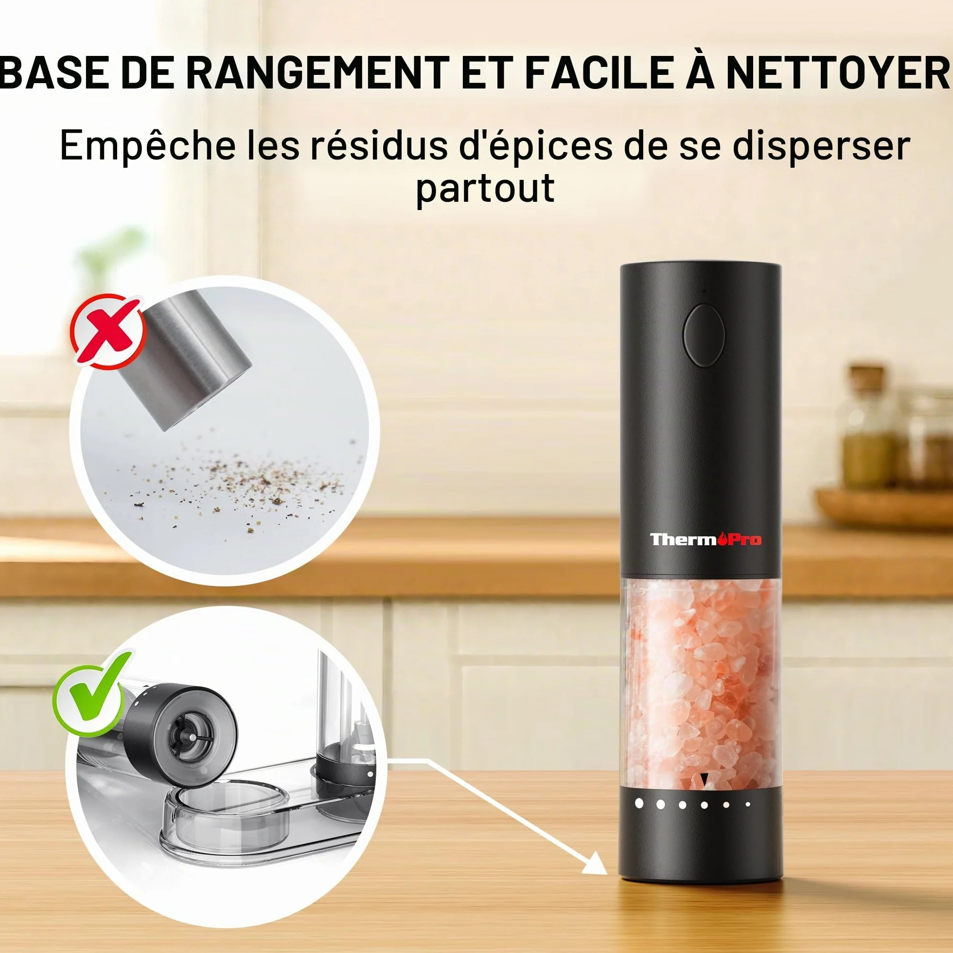 ThermoPro Ensemble de moulins à sel et à poivre électriques rechargeables 110ml avec réglage externe LED