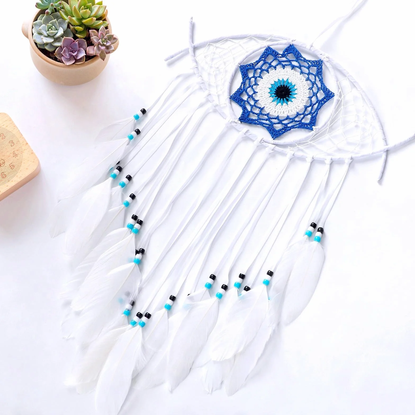 Attrape-Rêves Macramé Evil Eye Oeil Turc Blanc Décoration Murale Suspendue