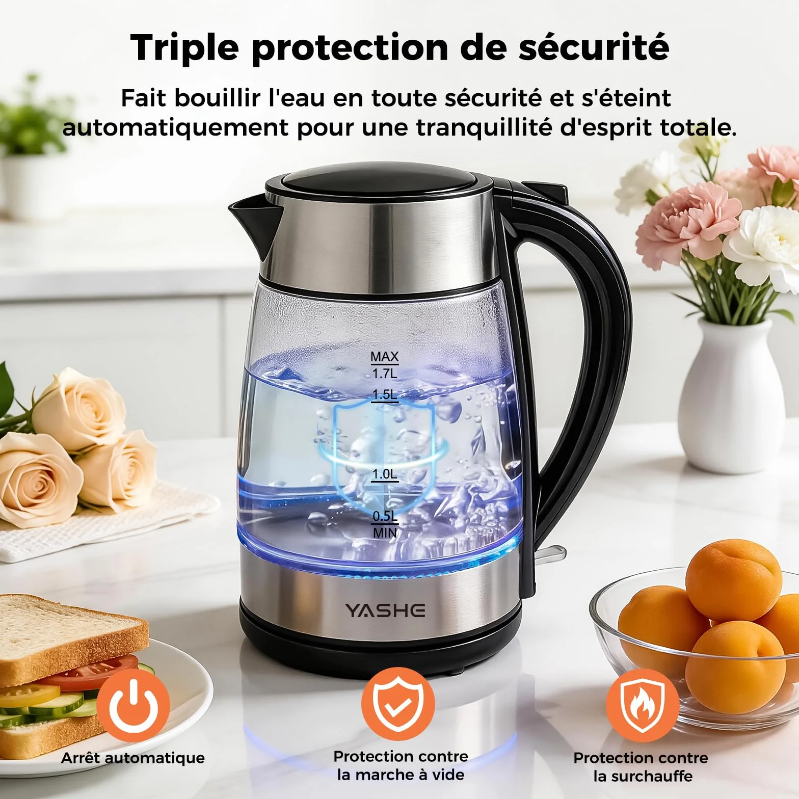 Bouilloire Électrique en Verre 1,7L 2200W avec LED Bleue et Filtre Anticalcaire