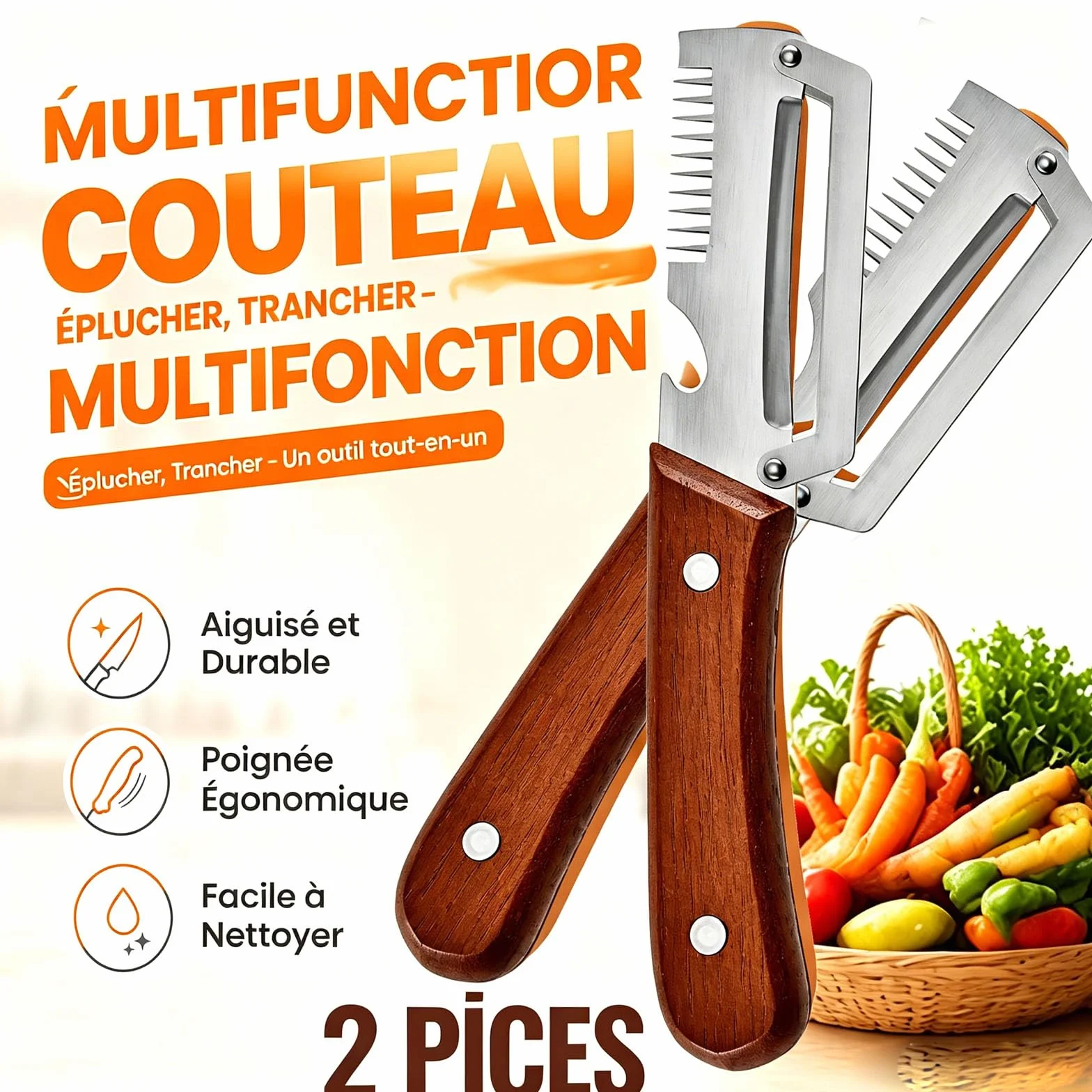 Éplucheur de légumes multifonction 5 en 1 avec lame en acier inoxydable, manche en bois, décapsuleur, écailleur à poisson et coupe-oignon