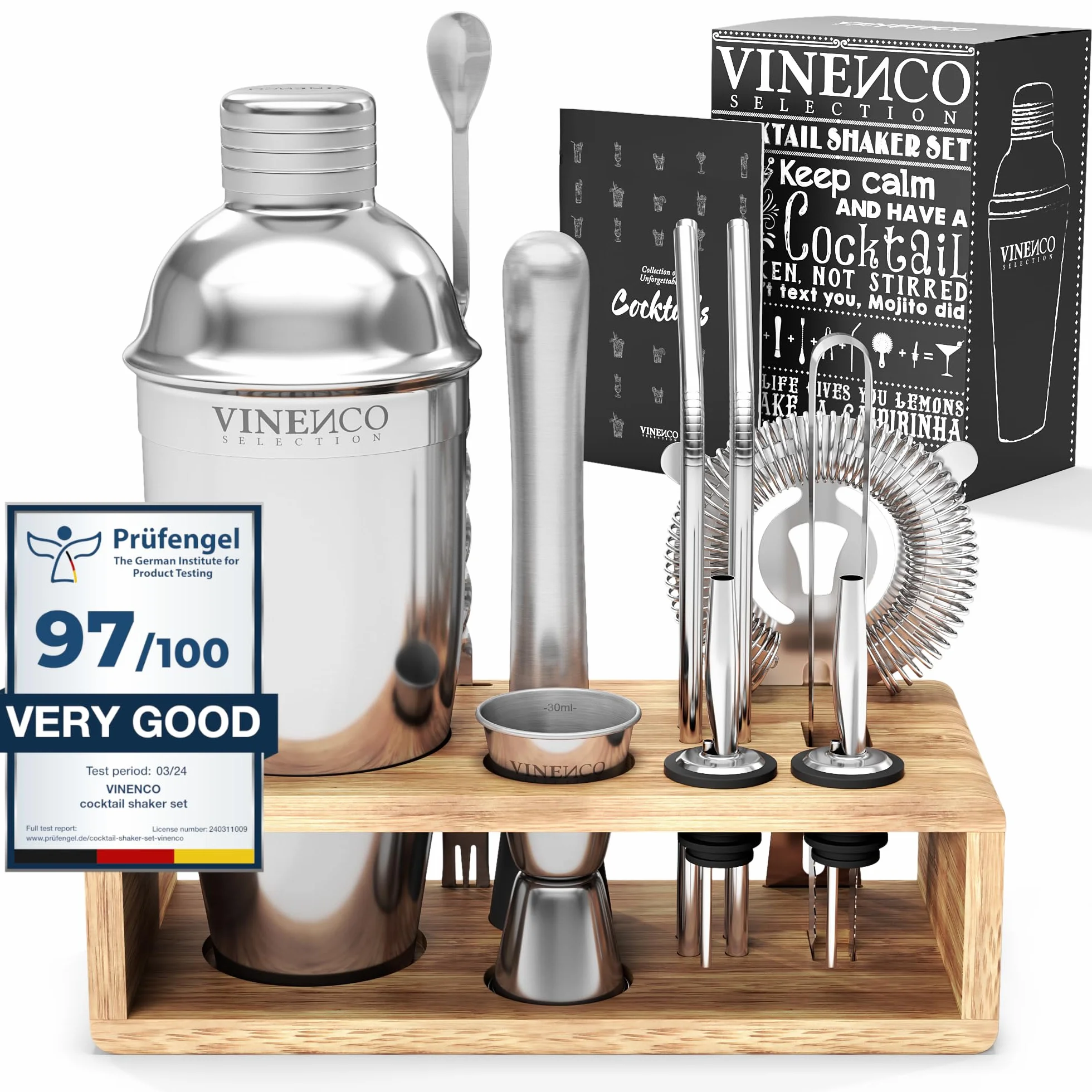Cocktail Shaker Kit INOX Qualité Extra avec Support, Livre Cocktail, Accessoires Professionnel pour Bar - Cuillère Pilon Jigger Paille - Set Cadeau Homme Femme