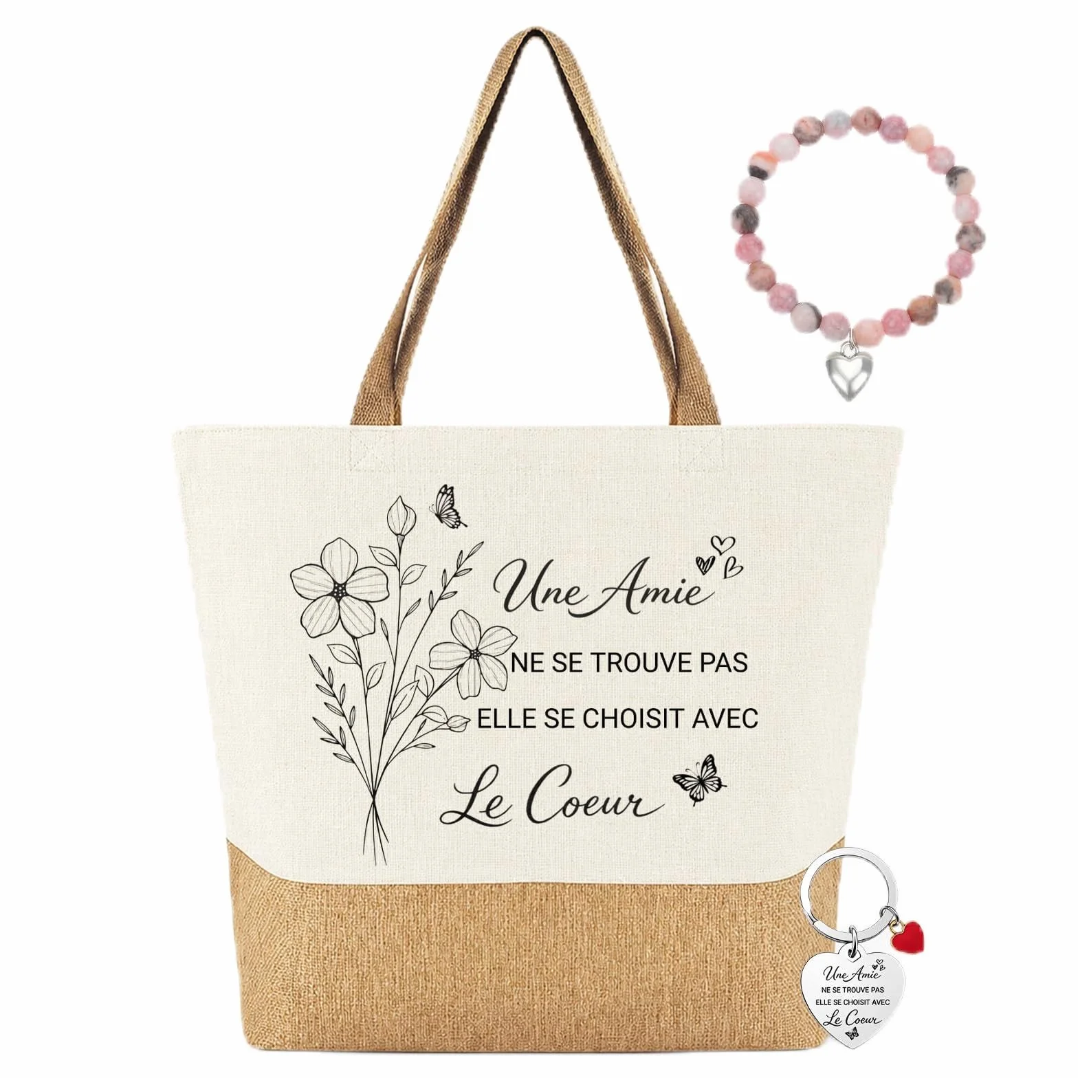 Cadeau Meilleure Amie Tote Bag Sac en Toile Jute Cabas avec Porte-Clés et Bracelet
