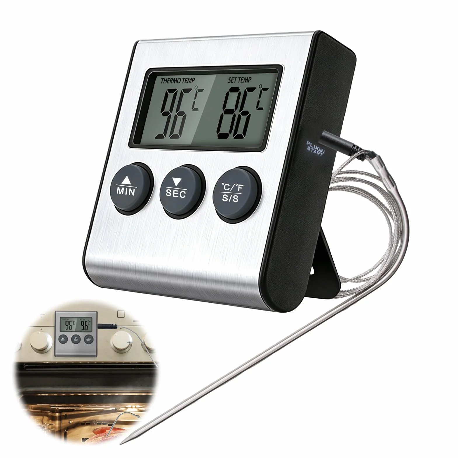 Thermomètre de Cuisson Numérique avec Grand Écran LCD, Sonde en Acier Inoxydable, Minuterie pour Four, Gril et Barbecue