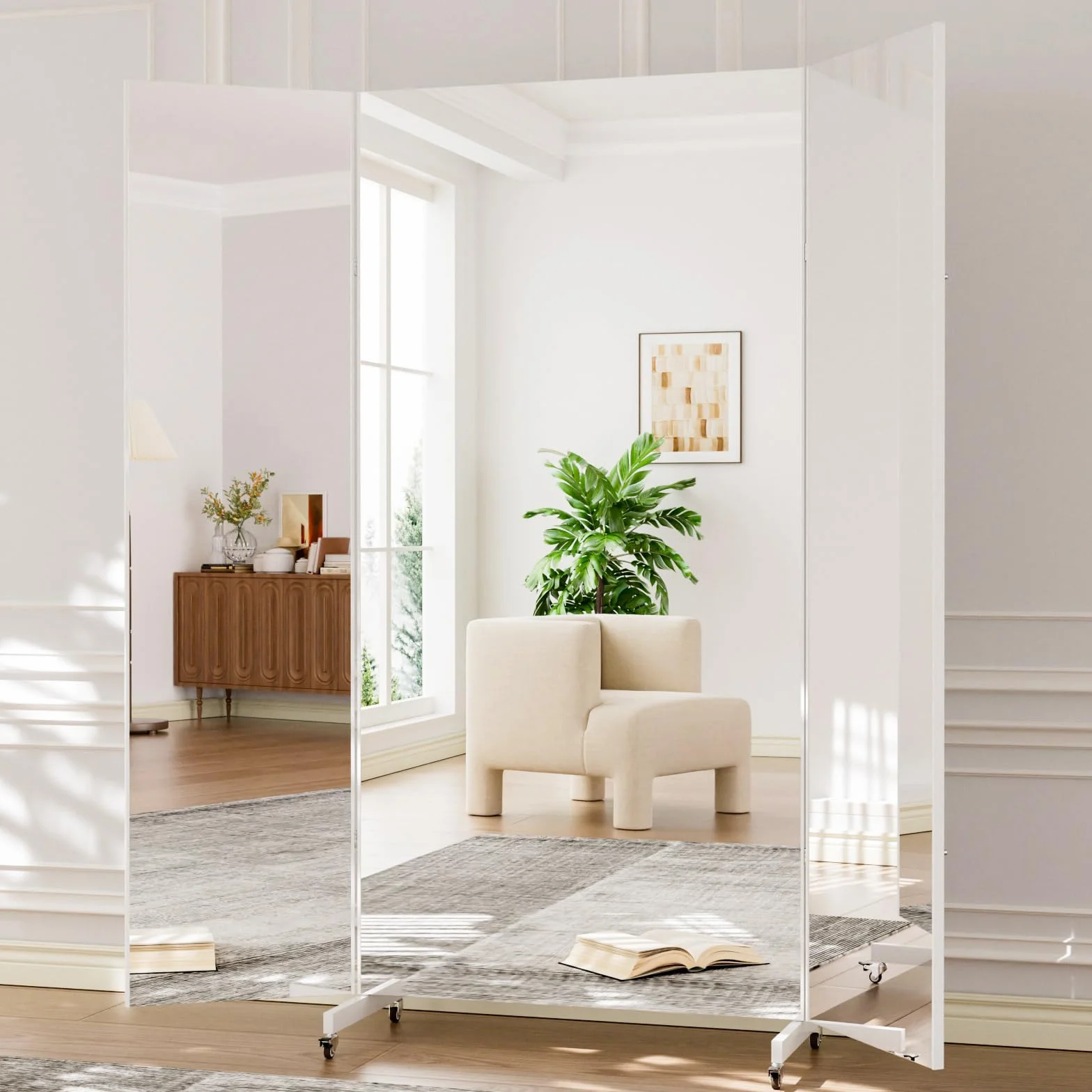 brisafe Grand Miroir Pleine Longueur 180 x 180 cm sur Pied 3 Côtés Pliable avec Roulettes Rotatif 360° Nano Incassable Blanc