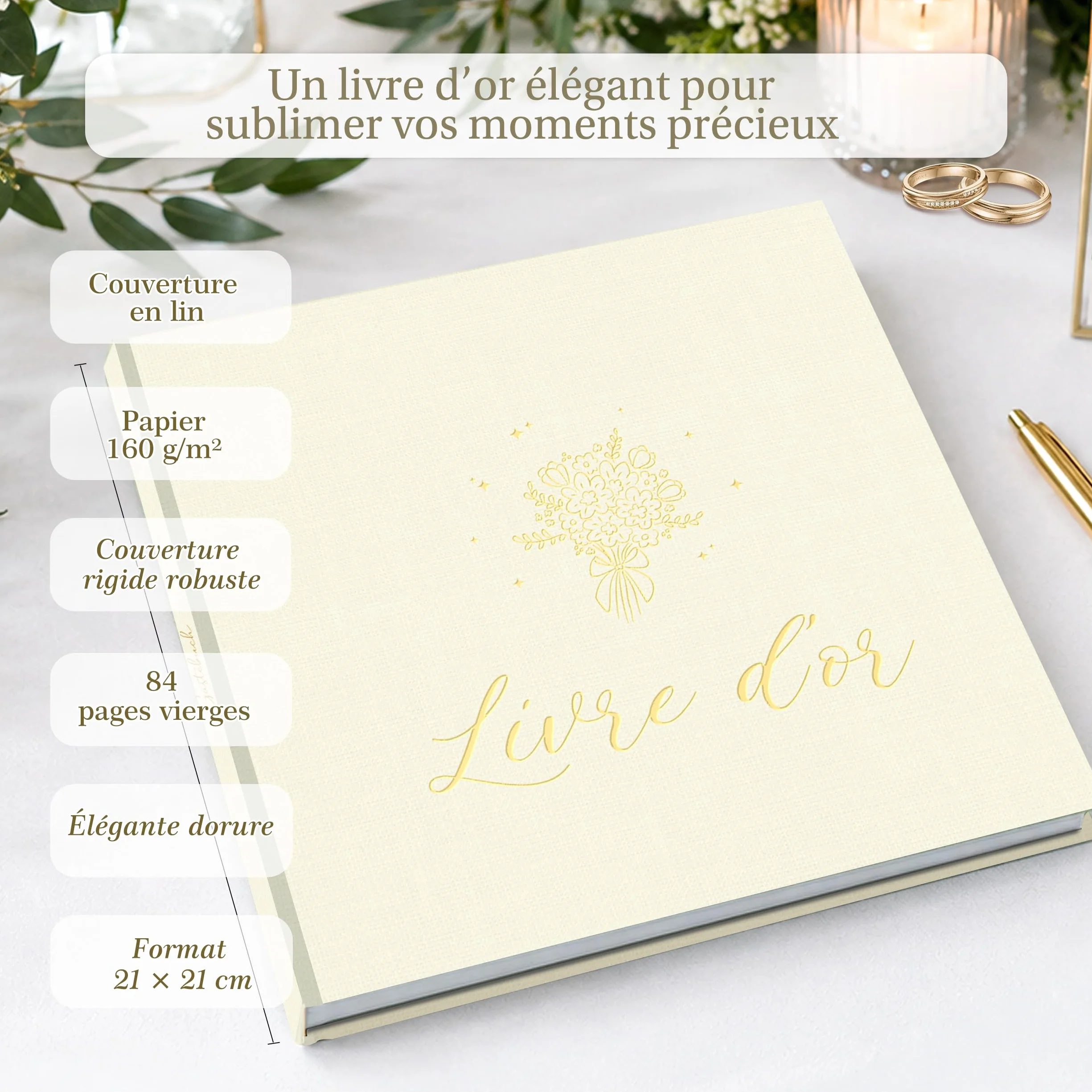 Livre d’or élégant couverture lin dorure 84 pages vierges mariage anniversaire baptême