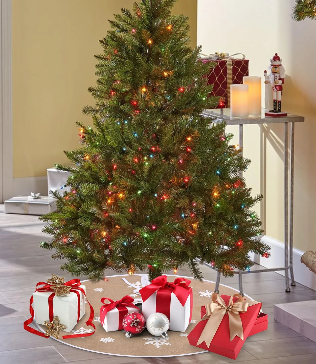 Jupe de Sapin de Noël Flocons de Neige Lin Kaki 80 cm
