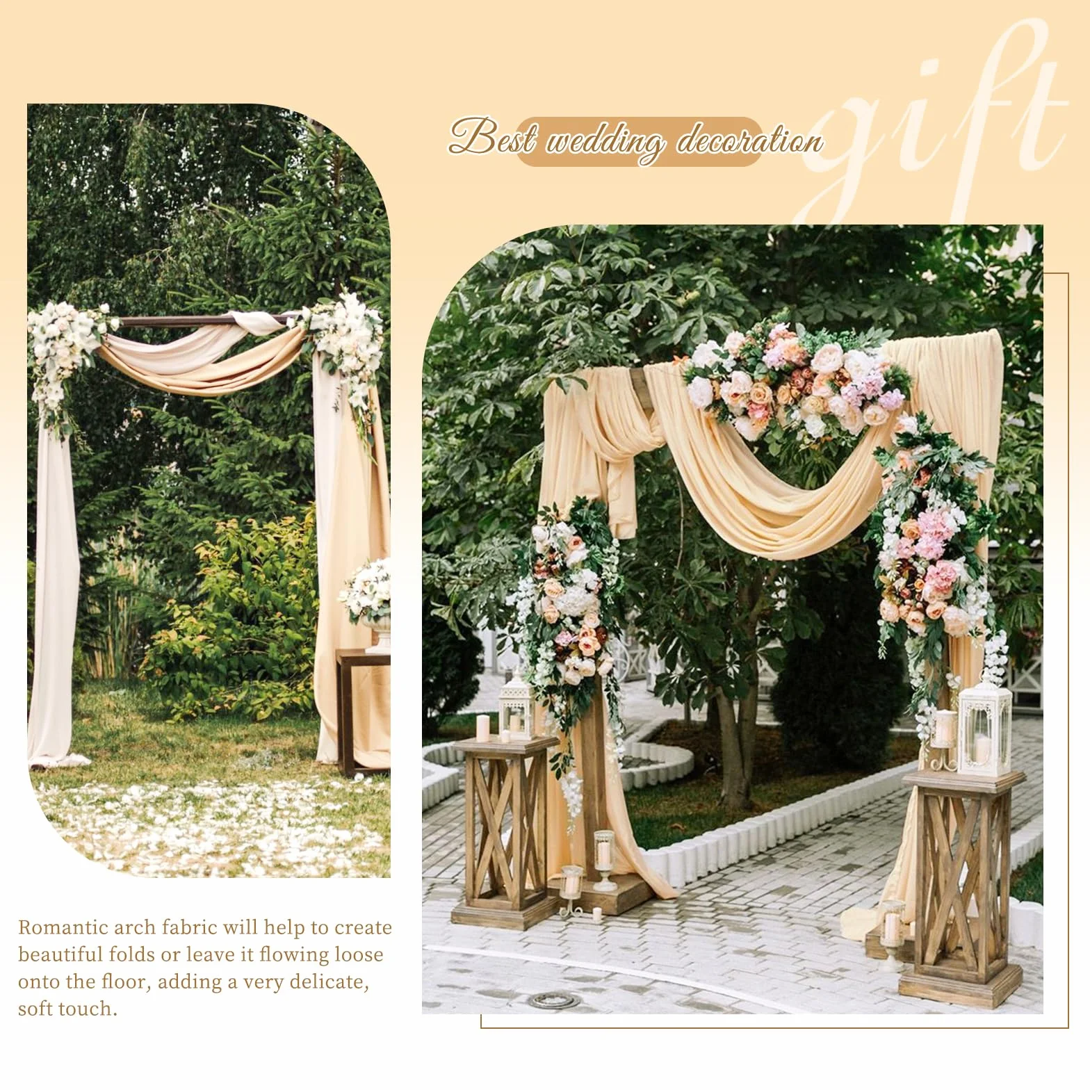 Panneaux de tissu drapé en mousseline de soie pour arche de mariage, 71,1 x 5,8 m, champagne